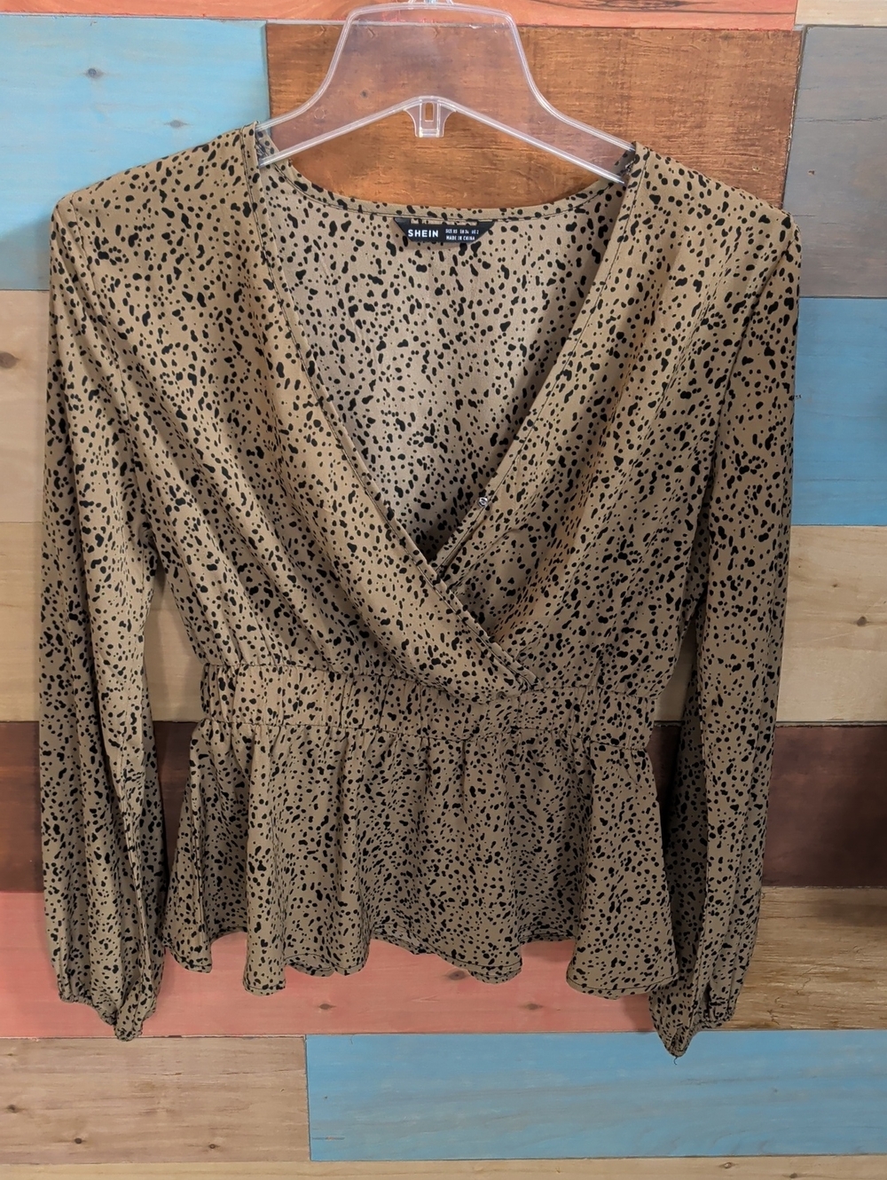 SHEIN Tan with Black Speckle Wrap Peplum Long Sleeve Top
